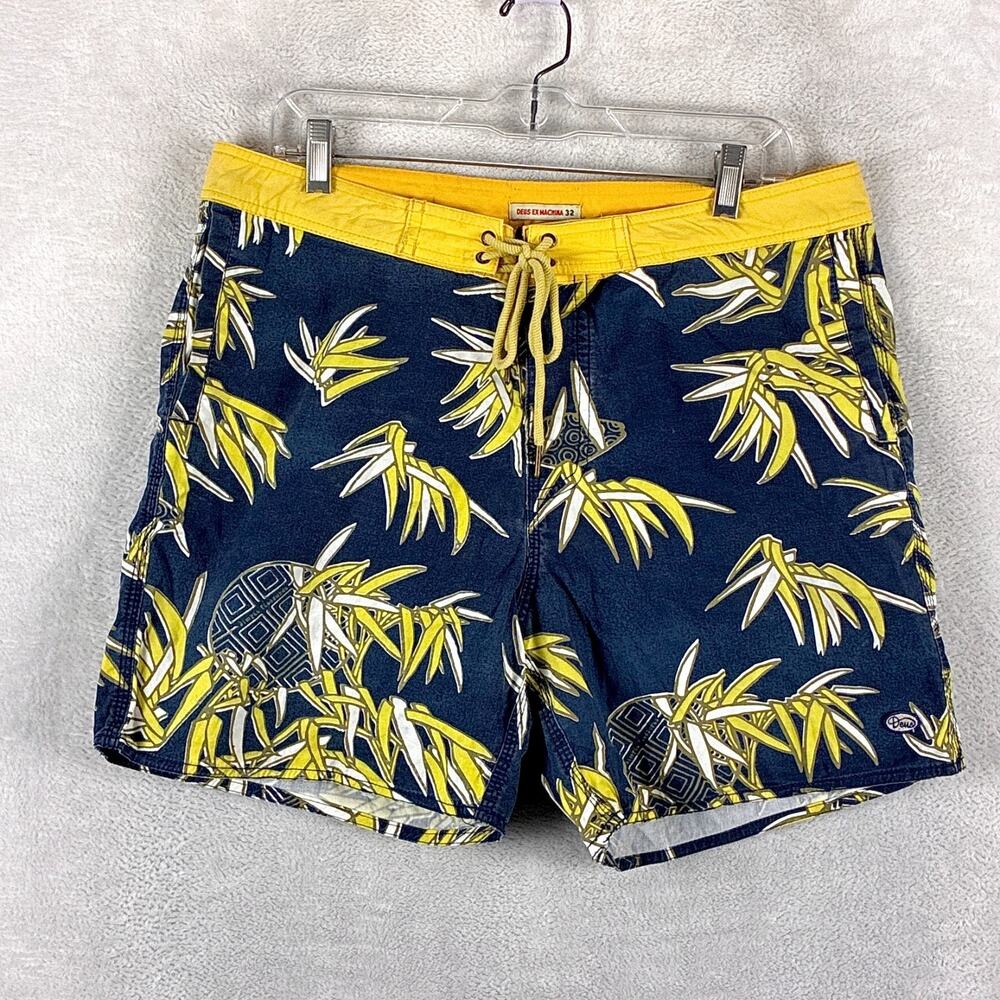 Deus Ex Machina Board Shorts Men 32 Navy Yellow Miyagi Bamboo AOP Surf Beach